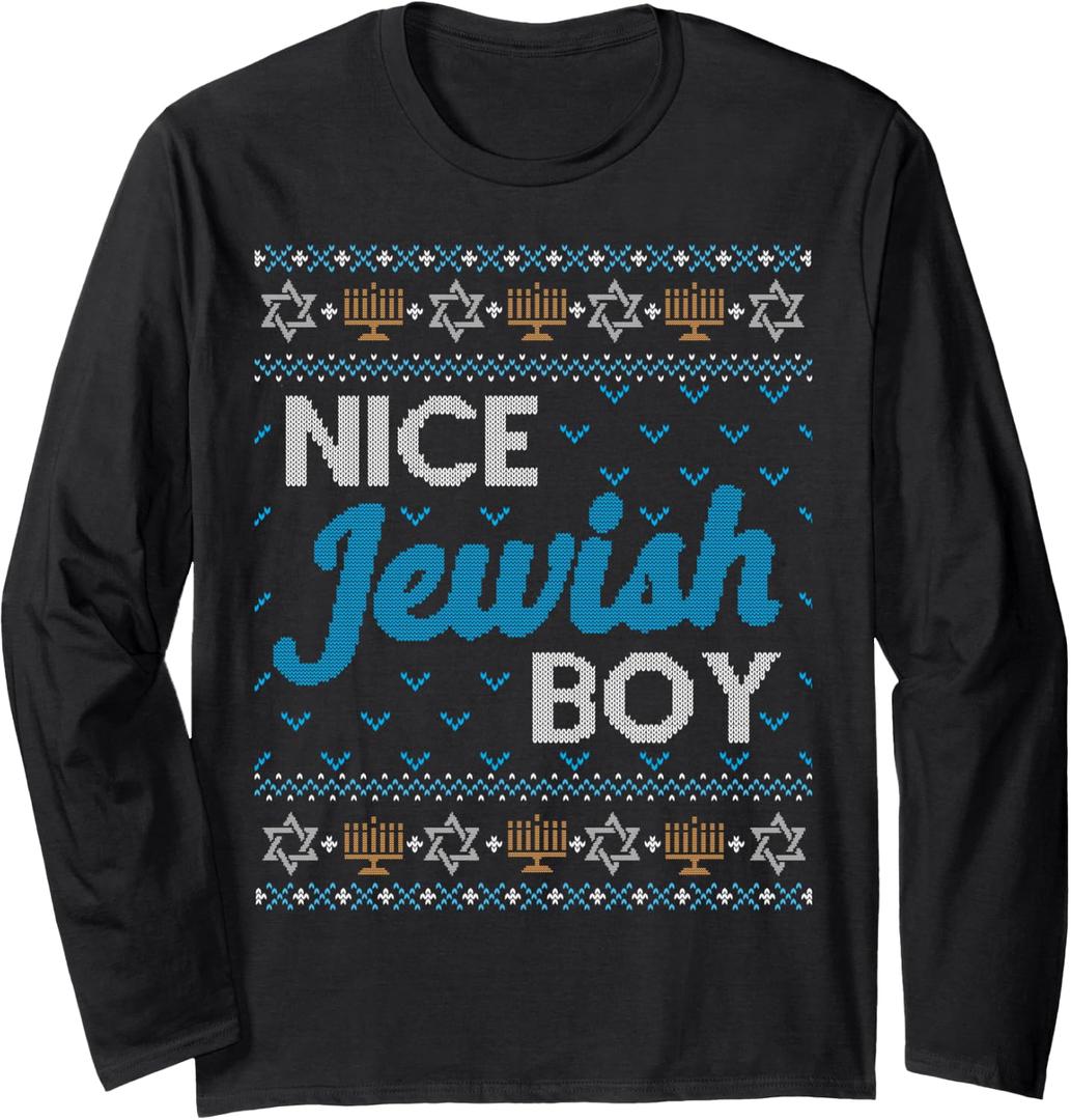 LONG SLEEVE SHIRT Ugly Hanukkah Nice Jewish Boy Matching L