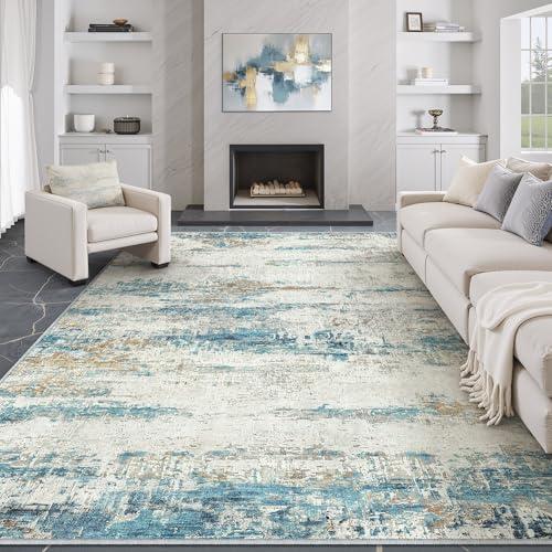 PureCozy 8x10 Area Rug Living Room Bedroom Carpet Washable Abstract Neutral Modern Large Blue Gray Accent Rug Dining Non Slip Low Pile Soft Thin Indoor Office Floor Throw Kitchen Contemporary