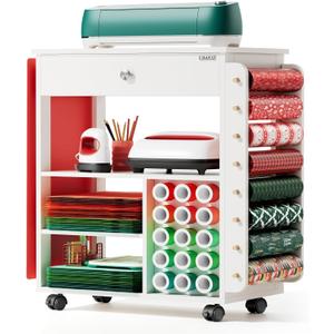 Craft Cart Organizer Table Compatible with Cricut Rolling Organization and Storage with Vinyl Roll Holder, Crafting Cabinet Workstation Tool Accessories Holder for Craft Room (Patented)