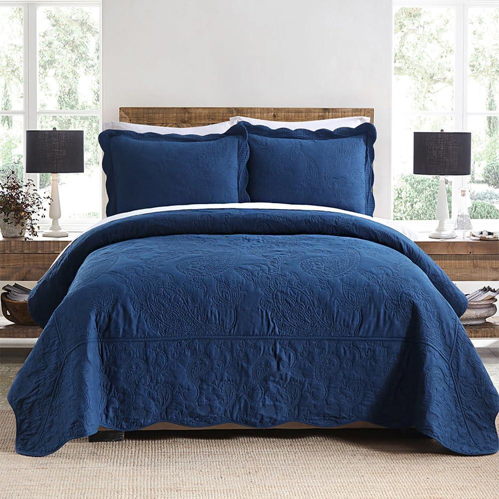 Wistown Cotton Bedspread Quilt Sets, Real Patchwork Bedding Sets with Luxury Floral Paisley Pattern, 3 Pieces Reversible Soft Lightweight Coverlet for All Season, Navy Blue, Queen Size