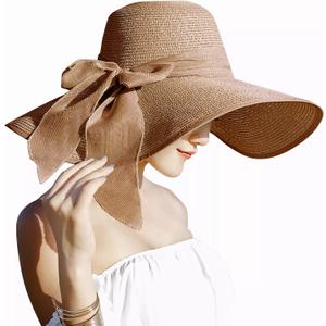 Lanzom Womens 5.7 Inches Big Bowknot Straw Hat Large Floppy Foldable Roll up Beach Cap Sun Hat UPF 50+ (One Size, Khaki)