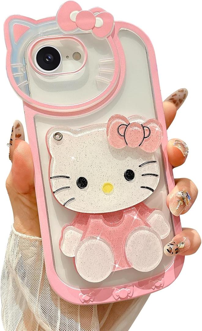 for iPhone 16e Cute Cartoon Case, 3D Bow Funny Kawaii Cartoon Cat Case with Mini Makeup Mirror for Girls Women Soft Silicone Clear Shockproof Phone Cover for iPhone 16e 6.1 inch, Pink