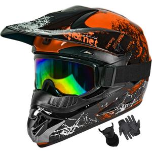 Dirt Bike Helmets Youth Motocross, Motorcycle, BMX, ATV, Off-Road, Four Wheeler, Adult Moutain Bike Helmets Dot Approved (Goggles Gloves Faceshield) (Orange, X-Large)