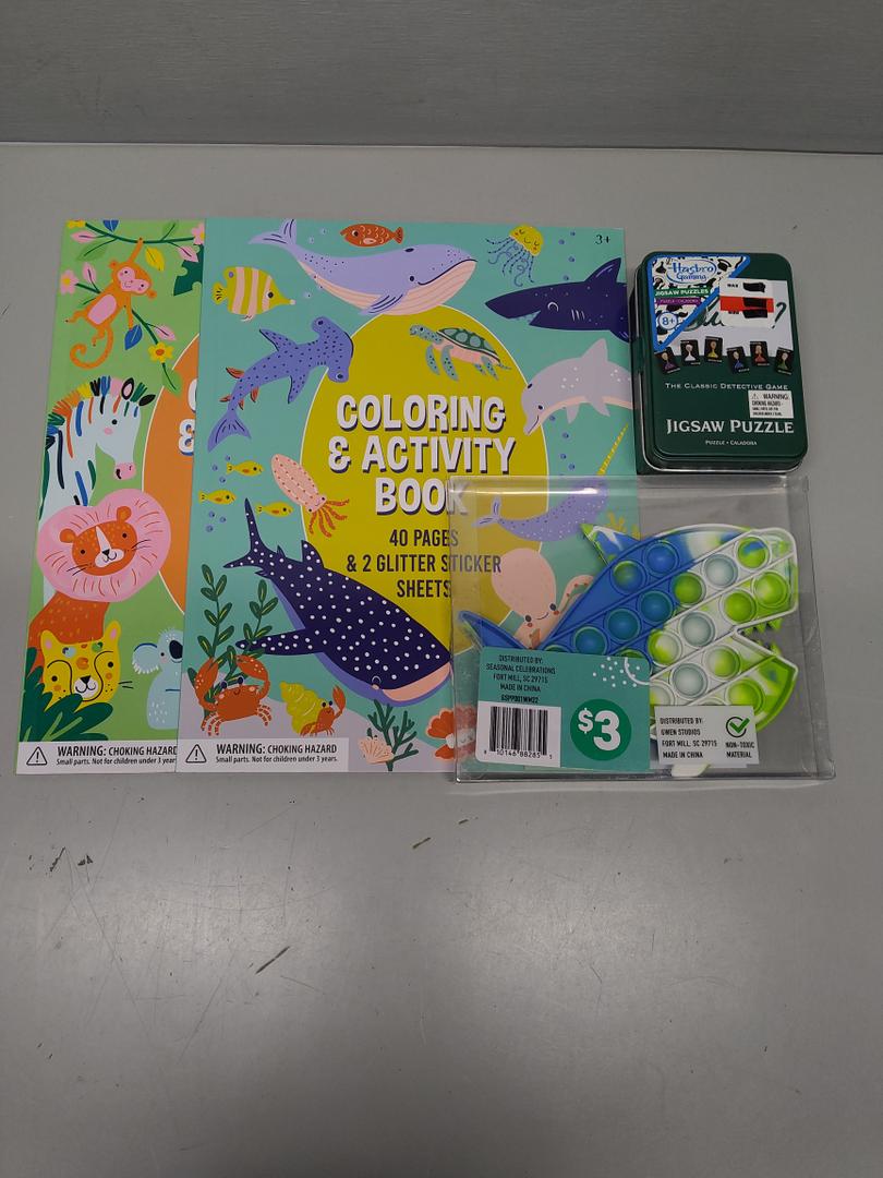 Activity/Coloring Book - Jungle Design 40 Pages2 Foil Sticker Sheets Pack of 2 + Push & Pop Bubble Fidget Sensory Toy + Hasbro Gaming Jigsaw Puzzles 8"×8"