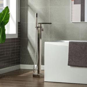 WOODBRIDGE Brushed Nickel Freestanding Tub Filler Single Handle Floor Mounted Faucets with Handheld Shower. Square Design (F-0003-BN)