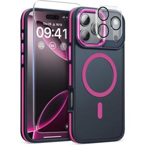 Magnetic 3 in 1 for iPhone 17 Pro Case, [Omni-Directional Protection] with 1x Screen Protector + 1x Camera Cover, [Seamless Work with Magsafe] Shockproof Slim Thin Case for iPhone 17 Pro Hot Pink