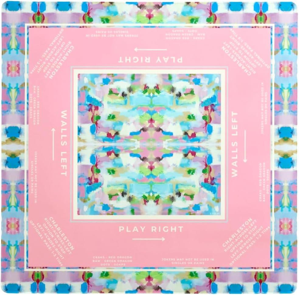 KRD x Preppy Goods Calypso Coast Mahjong Mat - Pink & Blue Grandmillennial Mahjong Playing Mat with Instructional Layout for American Mahjong, 32.5"x32.5"