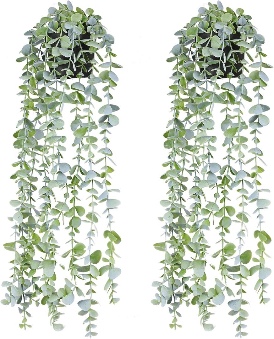 Fake Hanging Plants Eucalyptus Potted Artificial Plant Small Faux Ivy Vines Decor for Floating Shelf Kitchen Bathroom Cabinets Indoor Outdoor Pack of 2 23.6 Inches Long