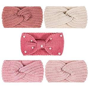 Whaline 5 Pieces Winter Knit Headbands Chunky Knit Headbands,4 Elastic Turban Head Wraps and 1 Pearl Crochet Hair Band, Ear Warmer Crochet Head Wraps for Women Girls (Autumn&Winter Colors)