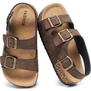 Kids Cork Footbed Sandals Boys Girls Toddler Adjustable Double Buckle Slides with Back Strap, Lightweight Summer Casual Shoes (Brown)