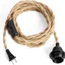 Pendant Rope Light Cord Kit with Switch Plug in, 15ft Twisted Hemp Rope Hanging Light Kit, Industrial Pendant Lighting E26 Lamp Socket, Extension Cords for Retro DIY Project (15ft-1 Pack)