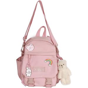 Pink-2 5L Mini Backpack with Cute Pin Accessories - Perfect for School, Gym, Library, Travel, Hiking, Party, Camping - Bottle Holder, Zipper, Nylon, 10.5X9X5 inches