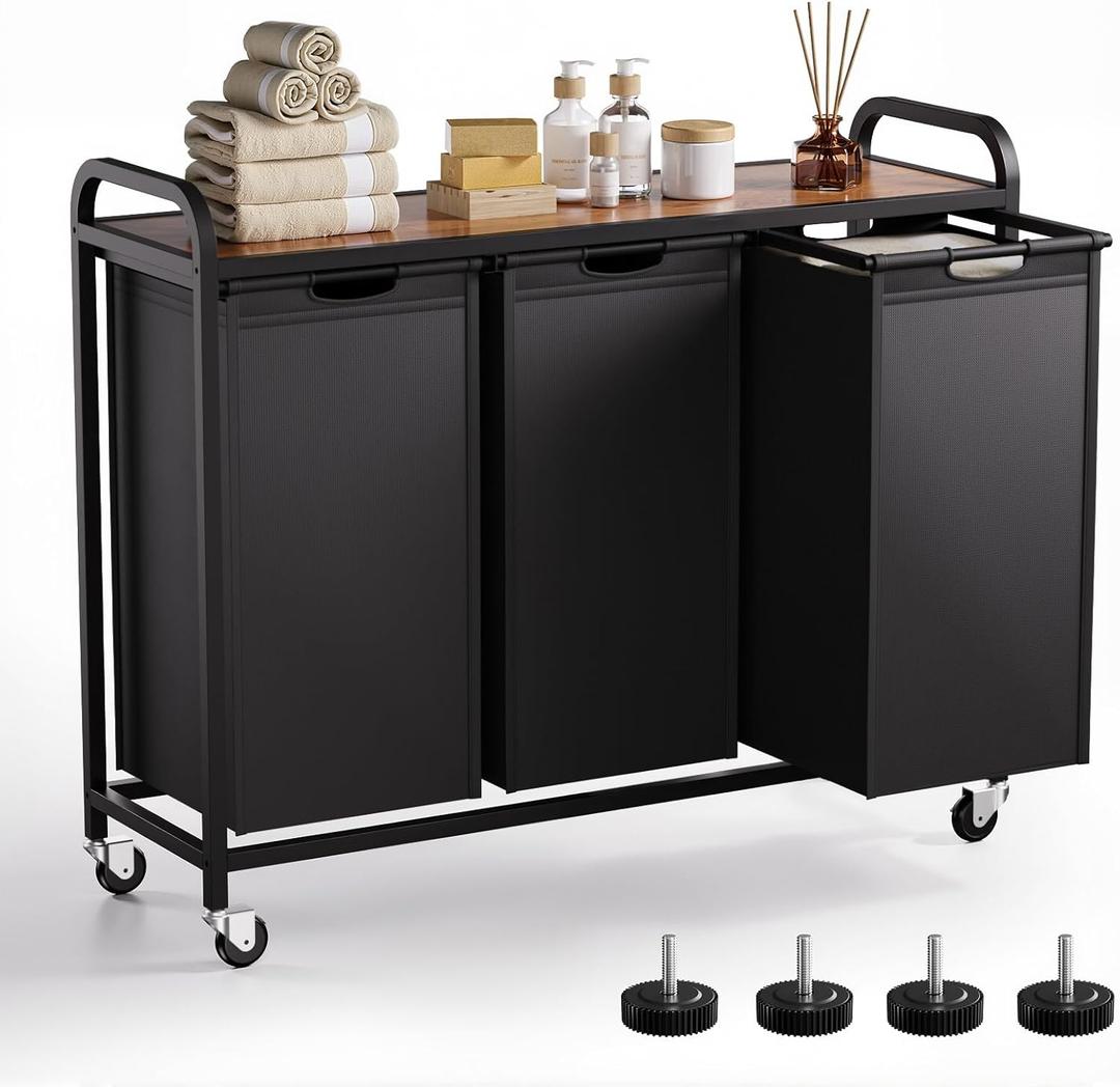3-Section Laundry Hamper and Laundry Sorter with Pull-Out Organizer Bags, Rolling Laundry Basket with Wheels and Top Shelf, Large Capacity 3 x 12.7 Gal (144L)