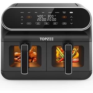 TOPZEE 8 Quart Large Air Fryer - Dual Basket Airfryer with Easy View Windows, Preheat, Air Fry, Roast, Broil, Bake, Dehydrate, 2 Independent 4 QT Nonstick Dishwasher Safe Baskets, Black