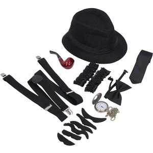 1920s Boys Gangster Costume Set, Hat Suspenders Watch Pipe Bow Tie Glasses, with Adjustable Suspenders, for Dance Parties Retro Dress Up Games (Black)