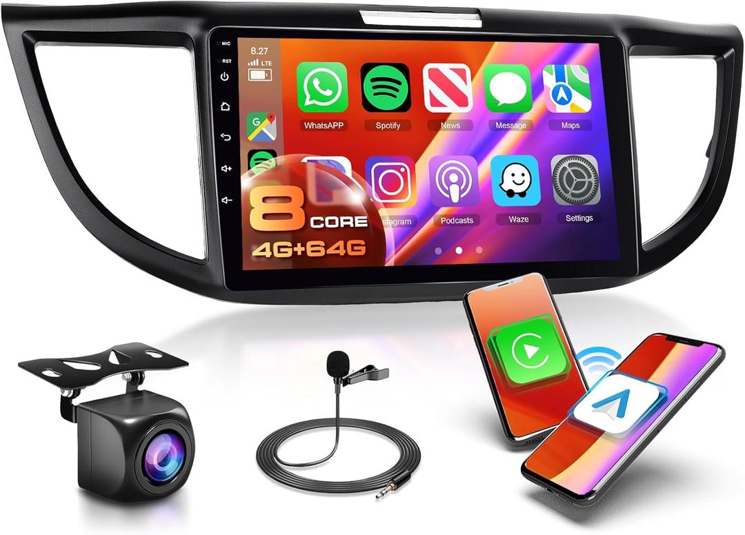 8 CORE 4G+64G Car Radio Stereo for Honda CRV 2012-2016 with Wireless CarPlay/Android Auto, 9 Inch 1280 * 720P IPS Touch Screen Android 13 GPS WiFi Bluetooth 32-Band DSP HD Backup Camera