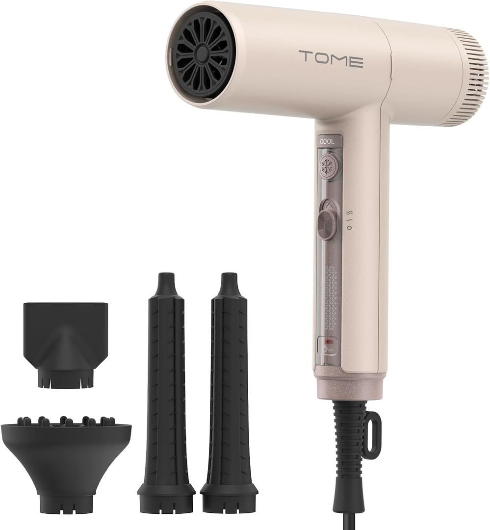 TOME Hair Dryer, 1875W High-Speed EC Motor 110,000 RPM Ionic Blow Dryer, Fast Drying, Cool Shot Lock, 3 Heat 2 Speed, 4 Attachments (Styling Nozzle, Diffuser, 2 Air-Powered Wrap Wands), 125V Pink