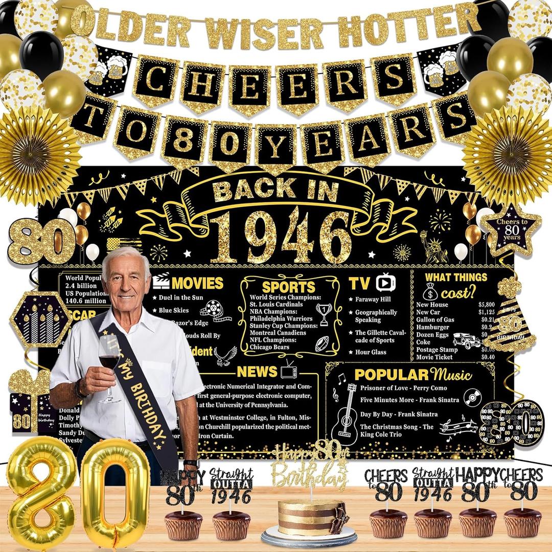 80th Birthday Decorations for Men Women, 36 Pcs Back in 1946 Birthday Party Decorations, Black Gold Happy 80th Banner,Vintage 80th Birthday Table Decorations ,Cake Topper, Sash Party Supplies