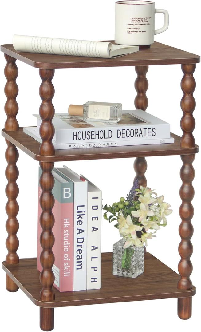 Small Side Table, Walnut End Table Living Room with 3-Tier Shelf, 11.8" x 13.4" x 22.6"