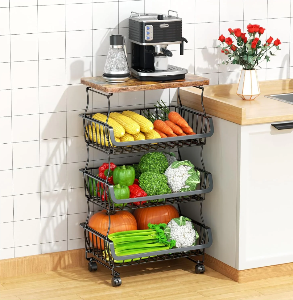 4-Tier Fruit Storage Basket, Fruit Vegetable Cart With Solid Wood, Kitchen Storage Rack With Rollers For Pantry