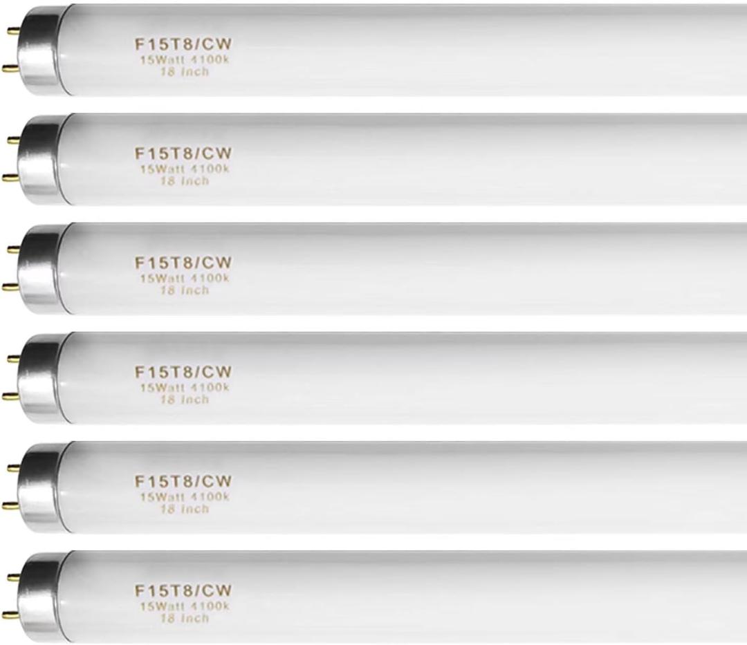 18 Inch F15T8/CW T8 15W Fluorescent Light Bulb Cool White, F15T8/SP41 Replacement Bulb for Garage, Office, Kitchen Under-Cabine, G13 Base 6 Count