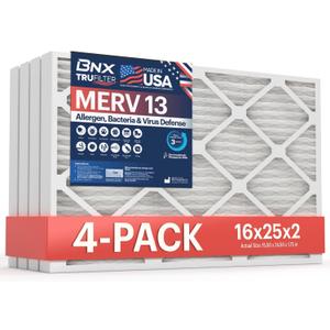 BNX TruFilter 16x25x2 Air Filter MERV 13 (4-Pack) - MADE IN USA - Electrostatic Pleated Air Conditioner HVAC AC Furnace Filters for Allergies, Pollen, Mold, Bacteria, Smoke, Allergen, MPR 1900 FPR 10