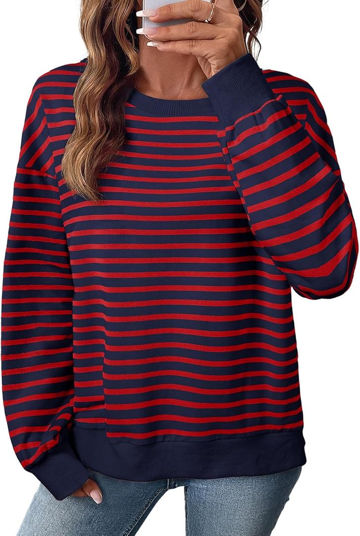 SHEWIN Oversized Sweatshirt for Women Crewneck Striped Shirt Long Sleeve Tops Pullover Womens Fall Fashion 2025 (Medium, Navy Blue/Red)