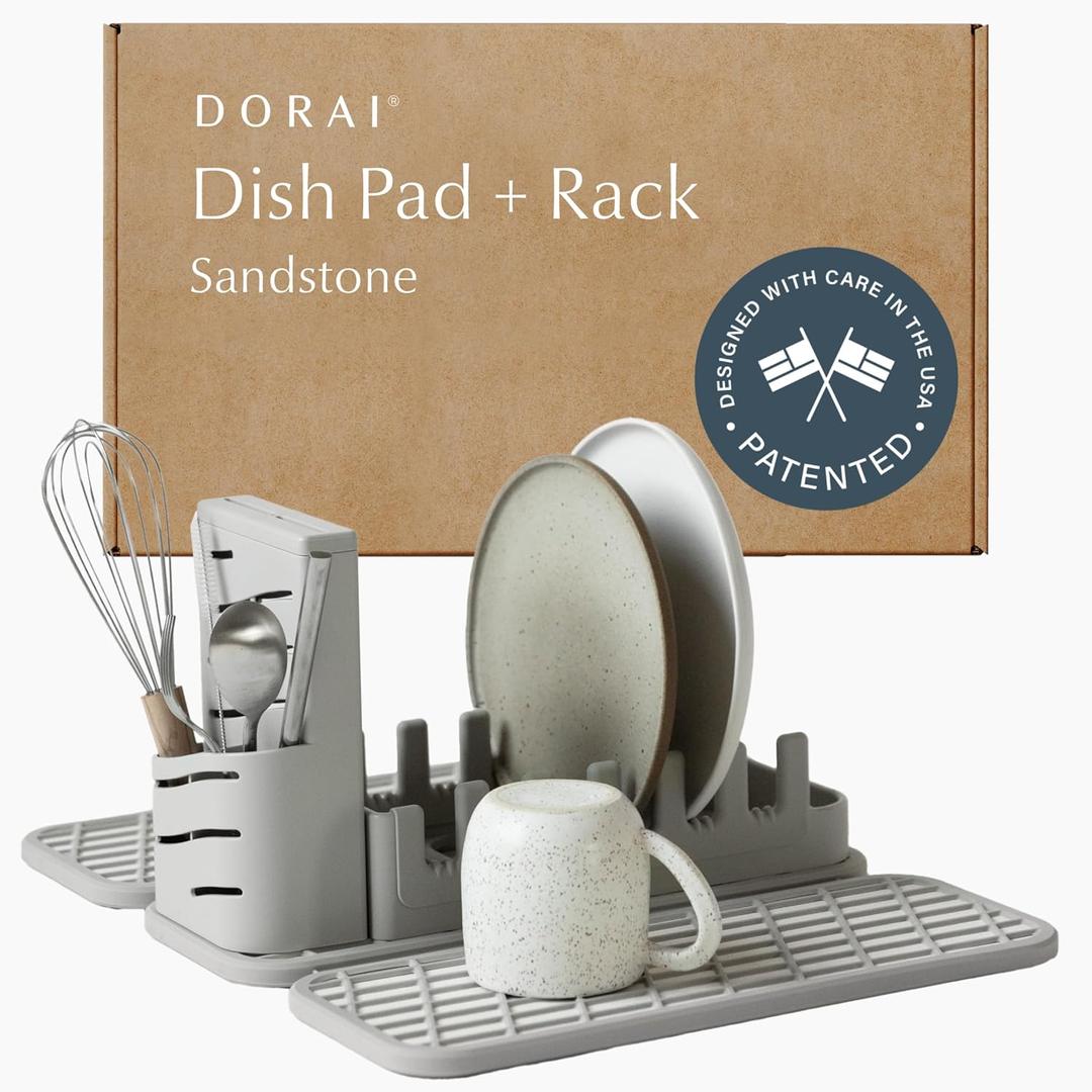 Dorai Home Collapsible Dish Drying Rack and Stone Dish Pad  Foldable Dish Drying Rack with Instant - Dry Stone Dish Mat  Space-Saving Dish Drainer Rack for Kitchen Counter -19.9" x 15.2" (Sandstone)