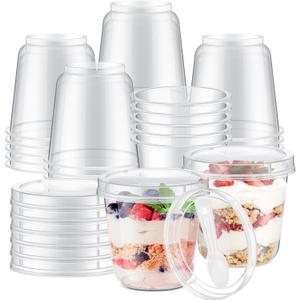 Jingmore 25 Pack 9.5oz Clear Plastic Yogurt Parfait Cups Disposable Overnight Oats Containers with Lids and Spoons Cake Fruit Jars for Food Storage Salad Ice Creams Pudding Snacks (Round Style)