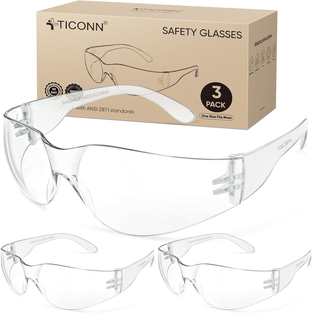 TICONN Clear Safety Glasses for Men and Women, Safety Goggles with Scratch Impact Resistant Meets ANSI Z87.1 Standard