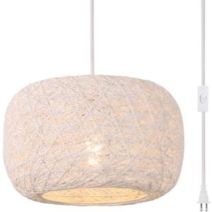 Plug in Pendant Light with Woven Rattan Lampshade, 12 Boho Hanging Lamp with 15FT Cord & On/Off Switch, E26 Socket, Ceiling Hook Installation for Bedroom Living Room Dining Nook Apartment