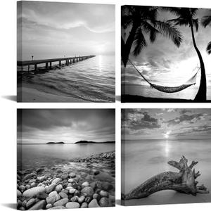 sechars - Black and White Beach Wall Art Seascape Painting Sunrise Scenery Picture Giclee Canvas Print Framed for Living Room Bedroom Bathroom Home Office Wall Decoration (12L" x 12W")