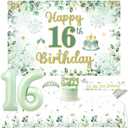 Sage Green 16th Birthday Decorations Greenery Happy Birthday Backdrop Green Leaves Olive Neutral Tablecloth Sash Crown Glitter Cake Topper 16 Foil Balloon Kit for Girls 16th Bday Party Supplies