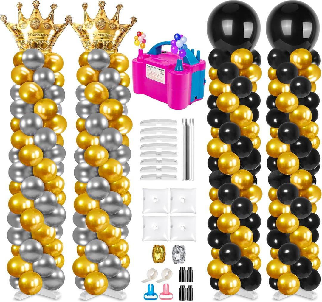 4 Sets Metal Balloon Column Stand and Electric Balloon Pump, Adjustable 9 Feet Balloon Stands for Floor, Balloon Column kit for Baby Shower Graduation Wedding Birthday Party