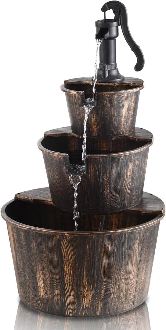 YI 40-Inch 3 Tier Barrel Waterfall Fountain Outdoor Water Fountains Barrel Wood 3-Tier Freestanding Rustic Pump for Garden Patio Backyard Porch