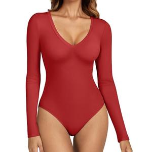 ATHMILE Deep V Neck Long Sleeve Bodysuits for Women Sexy Going Out Tops Body Suits M