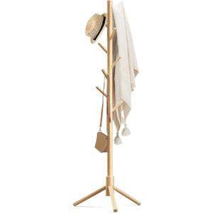 Haddockway Wooden Coat Rack Stand with 8 Hooks New Zealand Pine 3 Adjustable Coat Standing Tree Easy Assembly for Coats, Hats, Scarves and Handbags for Entryway, Hallway, Bedroom, Office (1 PC, Natural)