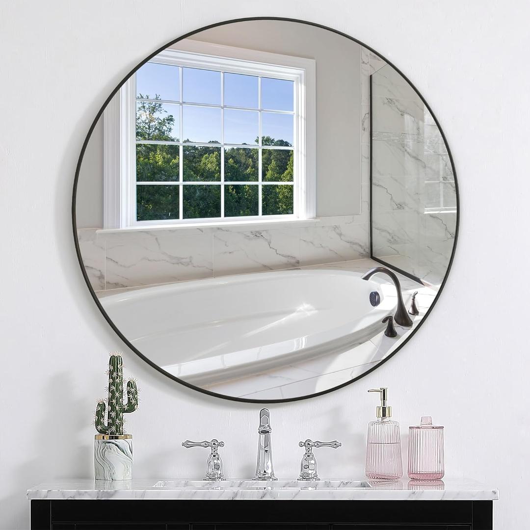 Round Wall Mirror 30 Inches, Large Circle Mirrors with Black Wood Frame for Bathroom, Entryway, Dining Room & Living Room,Tempered Glass-Shatterproof Mirror