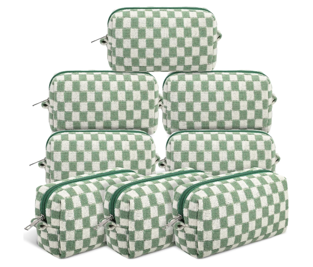 Gilprop 6 Pcs Checkered Makeup Bag for Purse Small Cosmetic Pouch Bulk Portable Zipper Makeup Pouch Travel Toiletry Organizer Gifts for Women Bridesmaid Wedding Party Favors (Green)