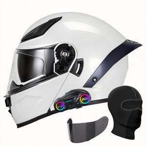 Bluetooth Motorcycle Helmet, Full Face Flip Up Modular Motorcycle Helmets with Bluetooth intercom headsets, DOT Approved Dual Visor Helmets for Adults Men Women-L/White