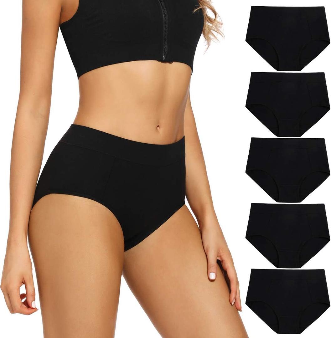 POKARLA Women's Cotton Stretch Underwear Ladies Mid-high Waisted Briefs Panties 5-Pack (Medium, Black)