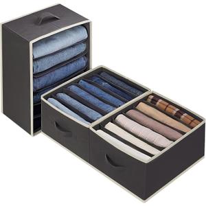 3 Pcs Large Size Wardrobe Clothes Organizers 6 Grids for Pants, Jeans, Sweater, T-shirt, Dress Stackable Closet Drawer Organizer Storage Bin Container with Sturdy Handles, Black