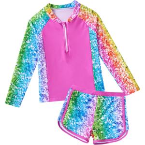 Vogseek Girls Swimsuits 5-9 Years 2 Piece Zip Rashguard Sets Long Sleeve Bathing Suit (Rose)