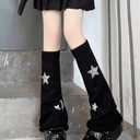 Y2k Star Pattern Knitted Leg Warmers Socks Punk Japanese Kawaii Streetwear Leg Cover for Women Knee High Leg Socks (White)