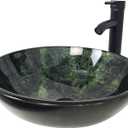 Vessel Sink 16.5" Bathroom Sinks Tempered Glass Green Art Basin Round Bowl with Faucet Combo Green,Countertop Bowl Sink for Lavatory Vanity Cabinet, Green 