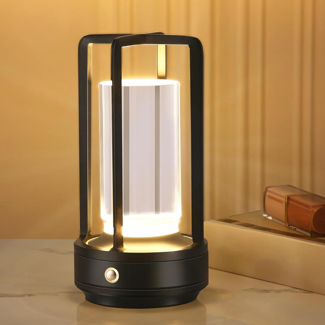 Anxingtools Portable Metal Table Lamp,Cordless Table Lamp, Rechargeable Battery Powered Portable LED Desk Lamp, 3 Color Stepless Dimming Touch, for Bedroom Restaurant Home Outdoor(Black)