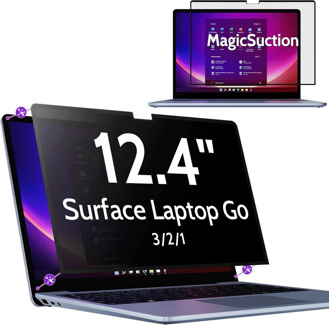 Peslv Privacy Screen for 12.4 Inch Surface Laptop Go 3/2/1, MagicSuction Removable Anti Spy Black Protector, Glare Blue Light Filter for Microsoft Laptop Computer Monitor