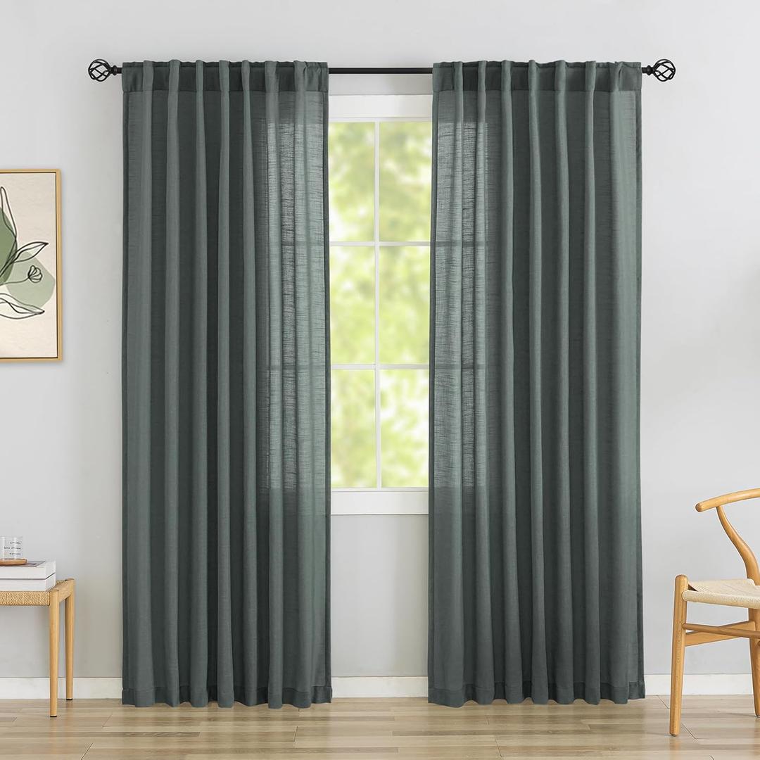 Charcoal Grey Linen Back Tab Curtains 84 Inch Length for Living Room -2 Panels Hook Belt Pleated Drapes Pocket Light Filtering Neutral Modern Farmhouse Privacy Semi Sheer Bedroom Curtains,Dark Gray