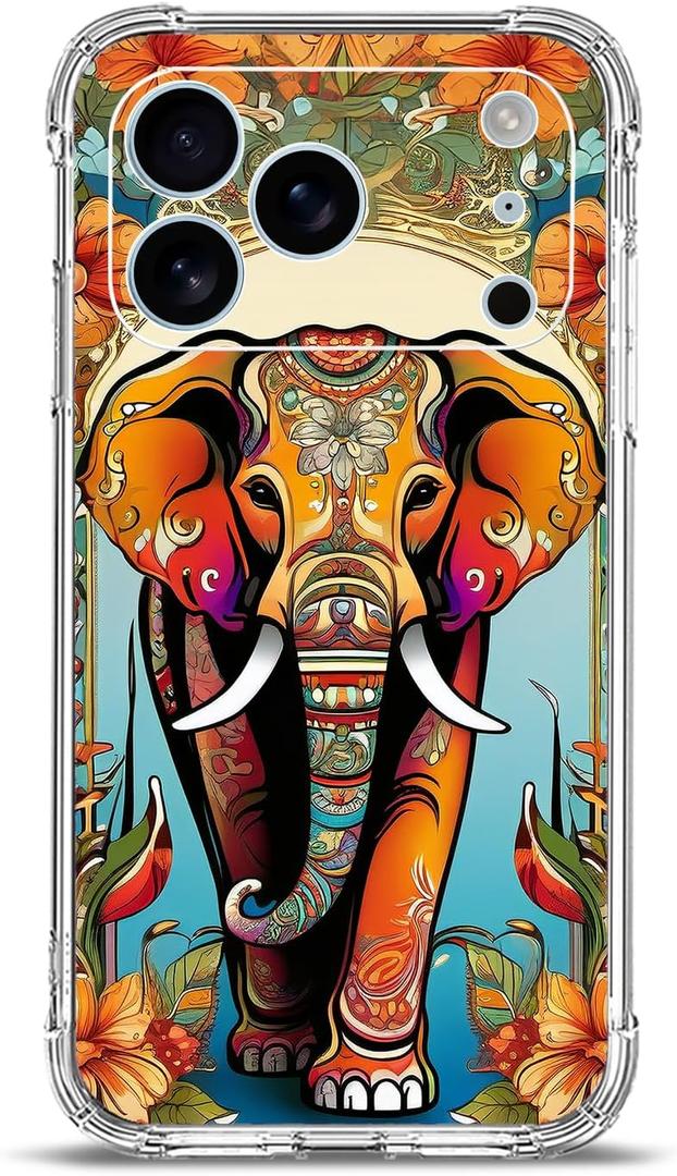 Case for iPhone 17 Pro,Orange Elephant Flowers Drop Protection Shockproof Case TPU Full Body Protective Scratch-Resistant Cover