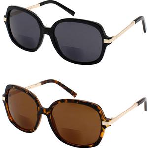 Yogo Vision Bifocal Reading Sunglasses for Women UV400 Sun Protection Outdoor Stylish Square Frame Reader Eyewear (Black and Brown With Metal Temples)